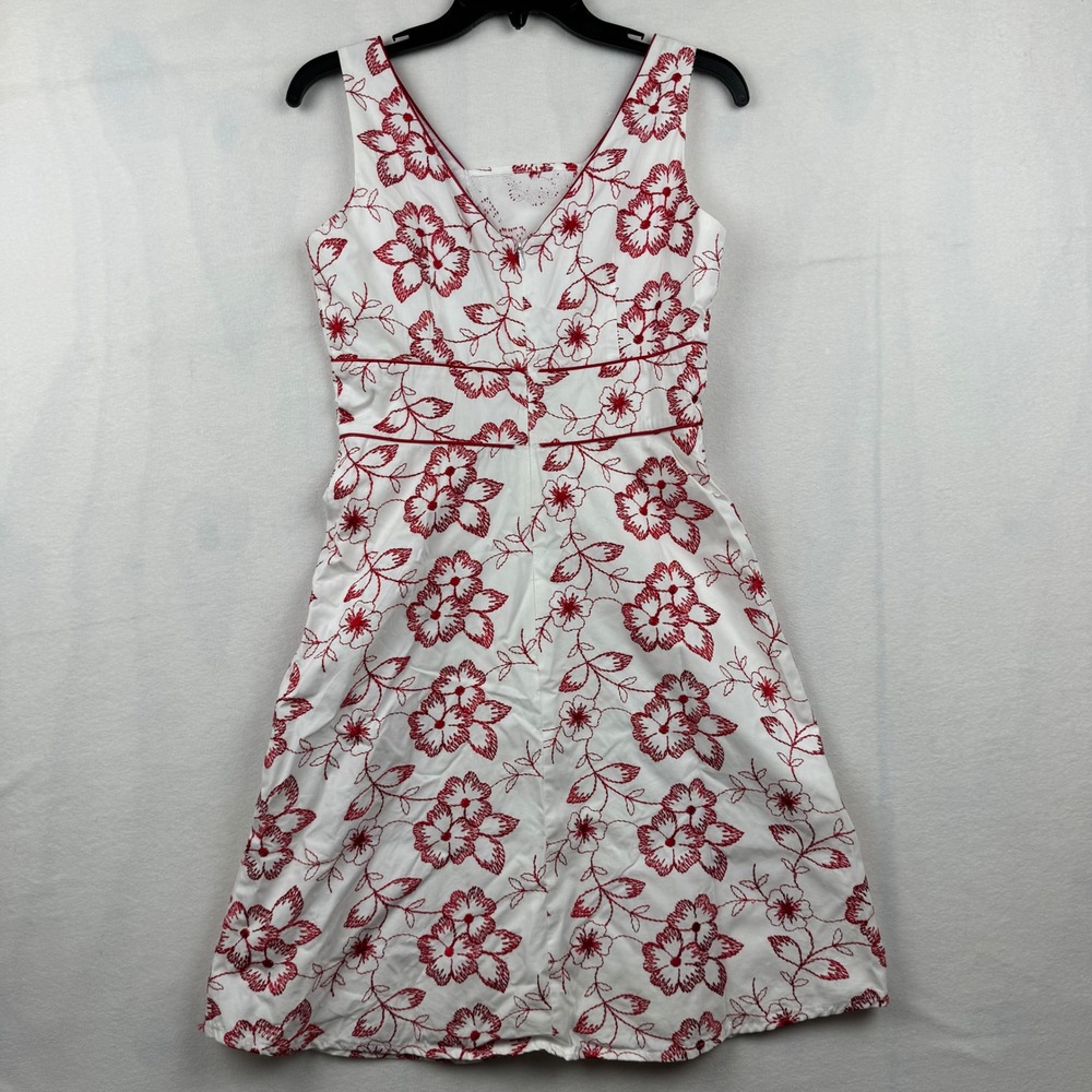 Mica Vintage White Dress Red‎ Floral Embroidered Sleeveless V Neck Summer Party - Picture 4 of 8